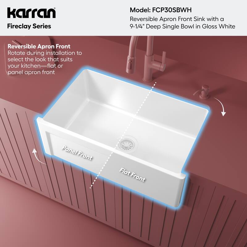 Karran 30" Single Bowl Panel Front Farmhouse Fireclay Kitchen Sink with Reversible Apron Front