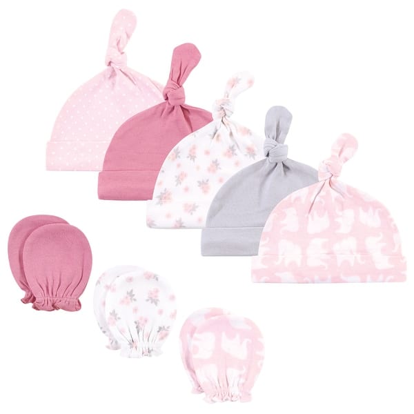 slide 1 of 1, Hudson Baby Infant Boy Cotton Cap and Scratch Mitten Set, Pink Elephant, 0-6 Months - Pink Elephant 0-6 Months - Pink Elephant
