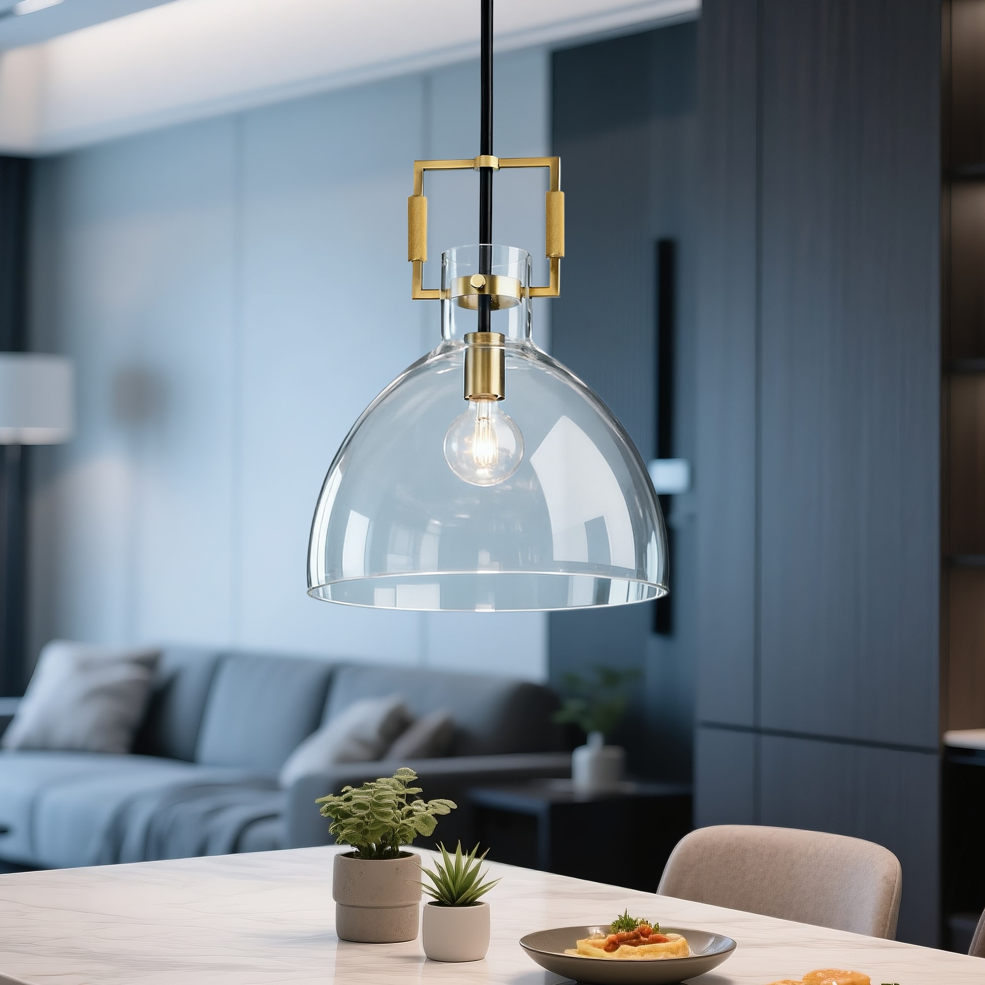 Matte Black and Gold 1-Light Clear Bowl Glass Pendant