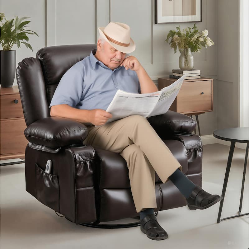 Recliner Chair with Massage & Heat, PU Leather Swivel Recliner, Electric Recliner with Side Pocket 2 Cup Holders & USB Port