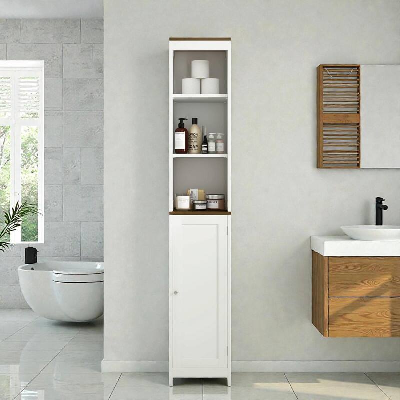 Tall Bathroom Storage Cabinet with Reversible Door, Freestanding Narrow Linen Tower with Open Shelves and Enclosed Cabinet - White