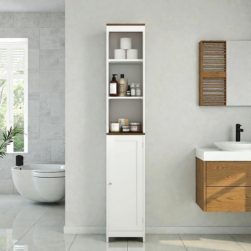 Tall Bathroom Storage Cabinet with Reversible Door, Freestanding Narrow Linen Tower with Open Shelves and Enclosed Cabinet