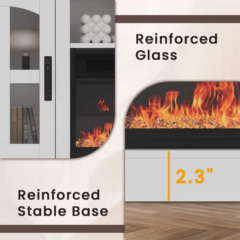 Meyreso 70.8" Vintage Fireplace TV Stand with 36" Electric Insert, Arched Glass Doors & LED Lighting