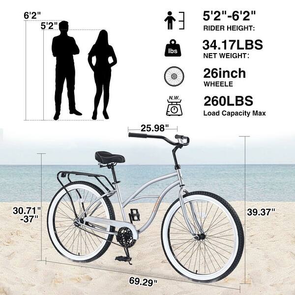 dimension image slide 0 of 2, Single Speed Bicycles 26"Inch,Steel Frame, Wide Wheels for Stability, Rear Coaster Brakes,Multiple Colors Women's Beach
