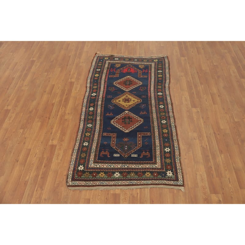 Hand Knotted Oriental 100% Wool Carpet Traditional Tribal Navy Blue & Blues Kazak Runner Rug - 6' 7'' X 3' 5''