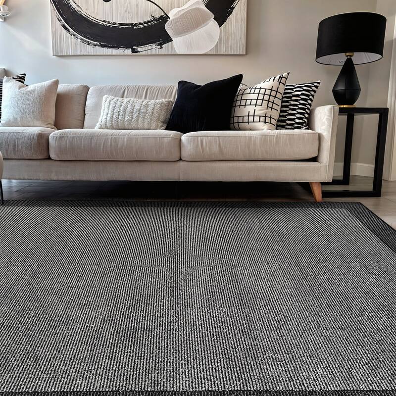 Modern Geometric Stripe Bordered Area Rug for Living Room, Bedroom, or Entryway - Low Pile Indoor Rug - Gray - 5' x 7'