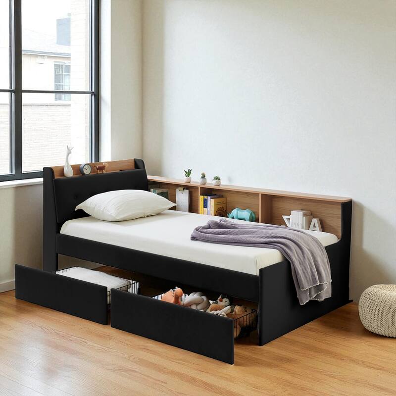 Twin Size Velvet Upholstered Daybed with Storage Headboard, 2 Drawers, Wireless Charging & LED Lights