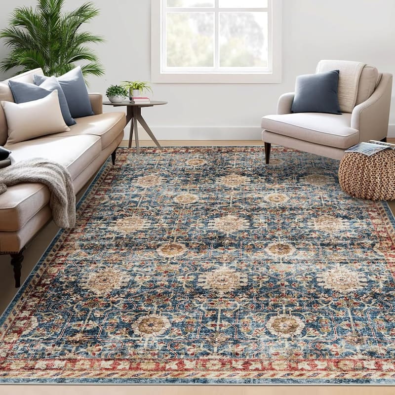 Vintage Boho Washbale Floor Cover Area Rug for Bedroom, Living Room, Dark Blue - 1'6" x 2'6" - Blue 8' x 10'