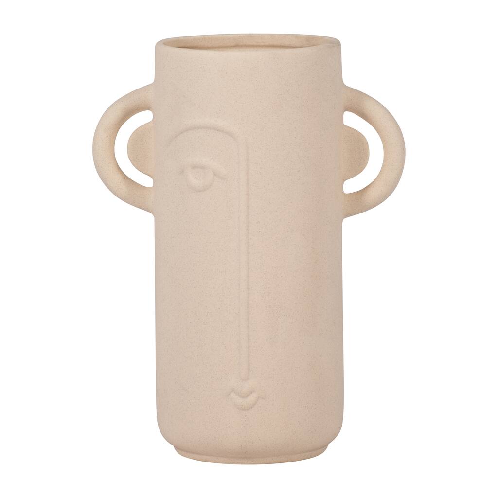 Sagebrook Home Ivory Ceramic 10" Face Vase with Suar Wood Handles