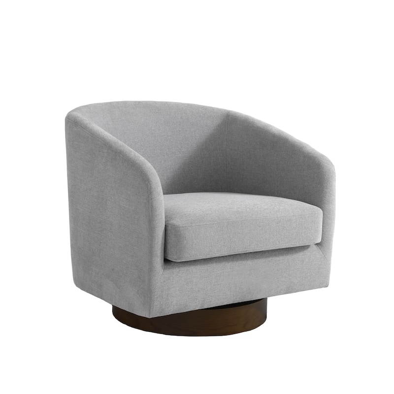 Faux Leather Wide Seat Swivel Barrel Chair - Single/Brown Base - Light Gray/Chenille