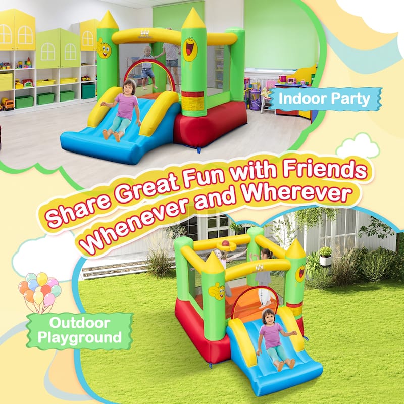 Gymax Inflatable Bounce House w/ Slide Jumping Area & Basketball Hoop