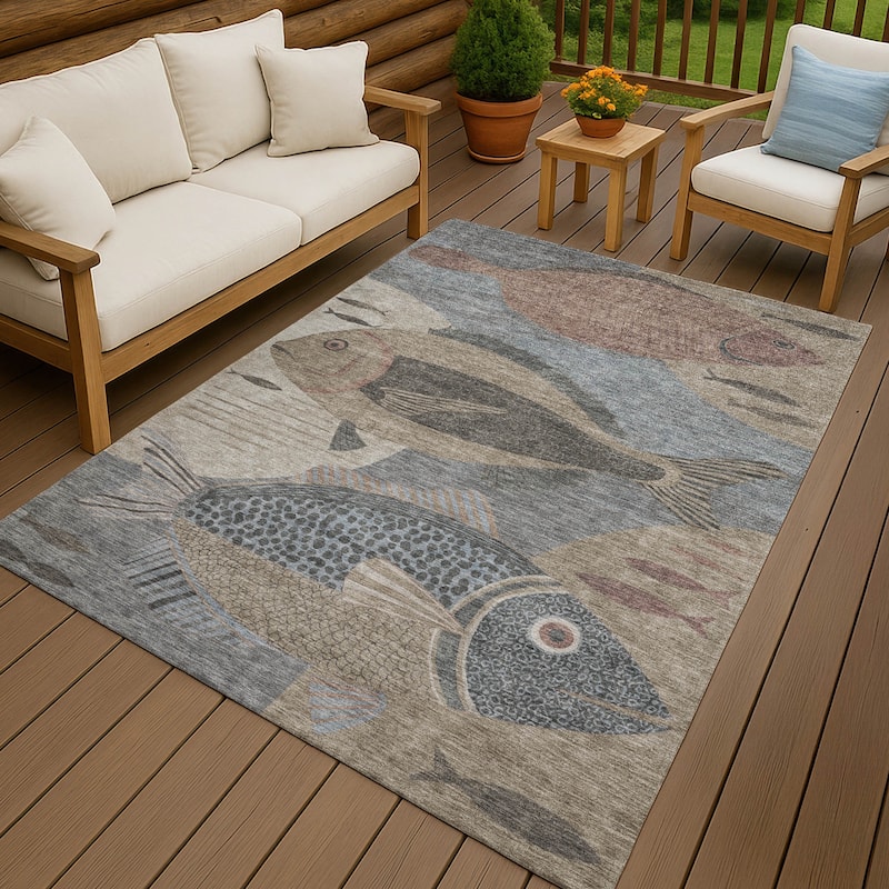 Machine Washable Indoor/ Outdoor Modern Fish Chantille Rug - Gray - 8' x 10'