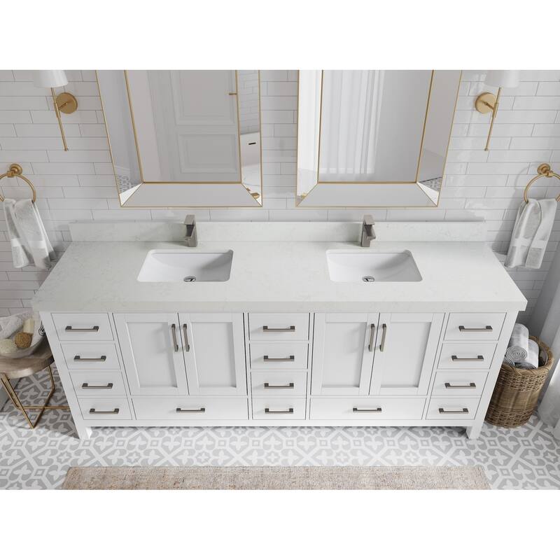 Willow Collection 84 in. W x 22 in. D Malibu Double Sink Bathroom Vanity with Countertop - 2" Carrara Quartz - White