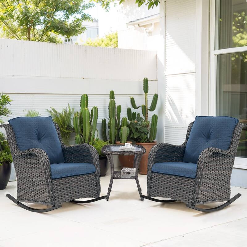 Outdoor Rocking Chair Rattan Rocker Chairs - 3PCS - Rocker Chair w/ Table - Brown Rattan - Blue Cushion