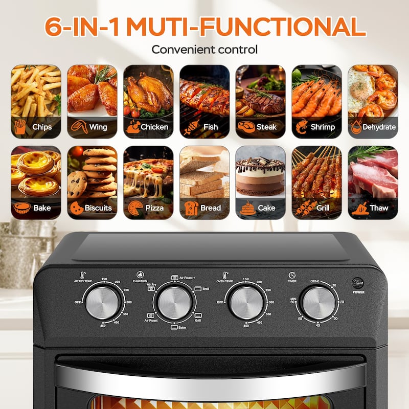 Plum Chef Air Fryer Oven 27.5QT, 6-in-1 Countertop Oven, Air Fry, Bake, Broil, Toast, Warm, Dehydrate, 4 Knob Control, 1600W