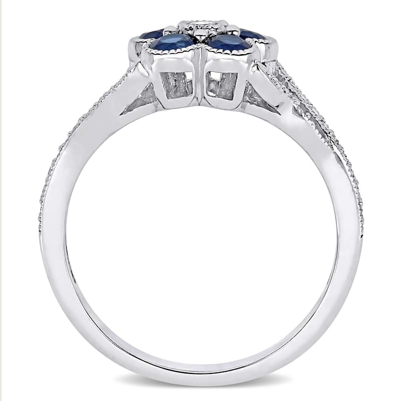 Flower Blue Sapphire and 1/6ct TDW Diamond Split Shank Ring in 10k White Gold by Miadora