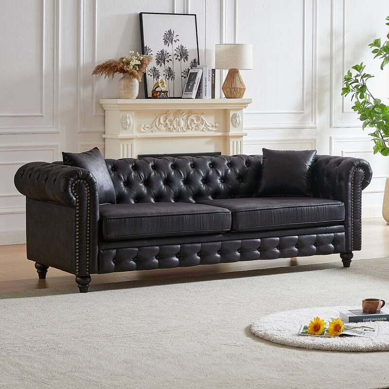 3-Seater Sofa with Tech Fabric, Rolled Arms, and Button Tufting for Living Room
