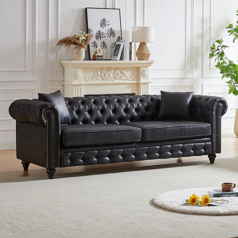 Chesterfield 3-Seater Sofa Couch with Tech Fabric, Rolled Arms, and Button Tufting for Living Room, Apartment