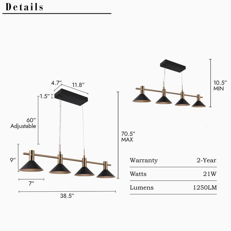 Modern Linear 4-Light 38.5" L Black Gold Bowl-shaped LED Chandelier Industrial Metal Kitchen Island Lights for Dining Room