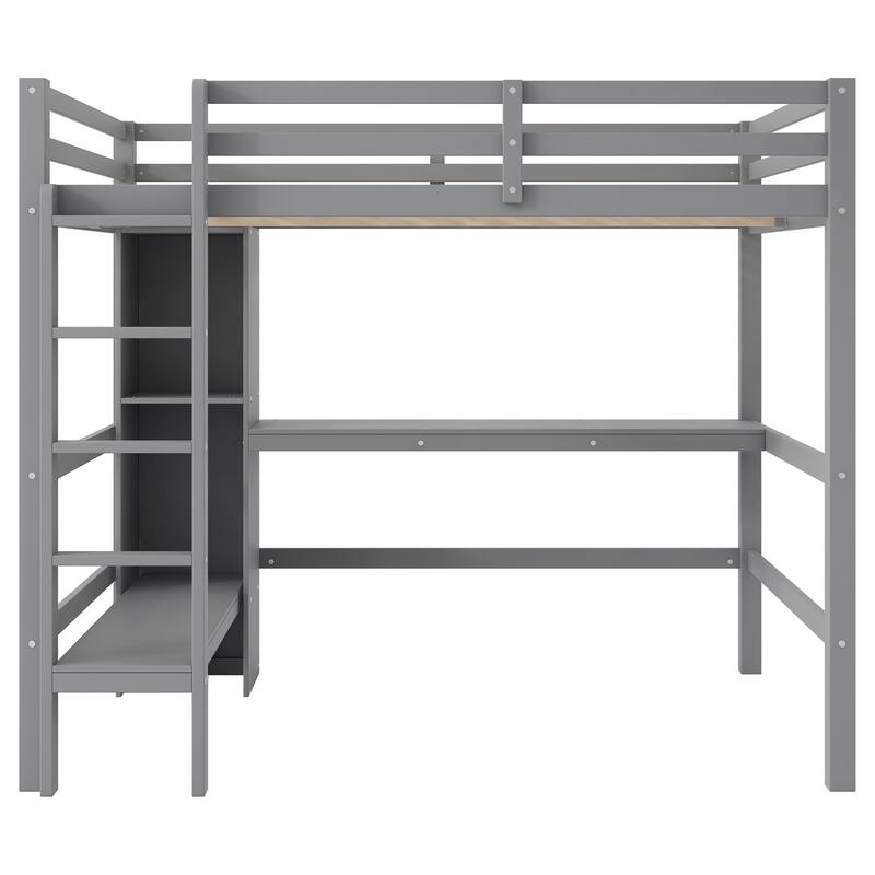 Full Size Loft Bed with Multifunction Shelves and Under-bed Desk