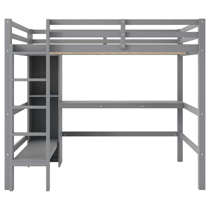 Full Size Wooden Loftbed Frame with Storage Shelves and Built In Desk