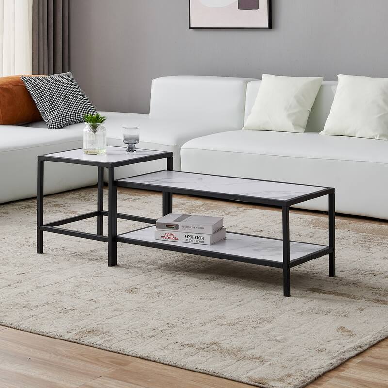Wood marble color top Modern Nesting coffee table Square & rectangle With Black metal frame