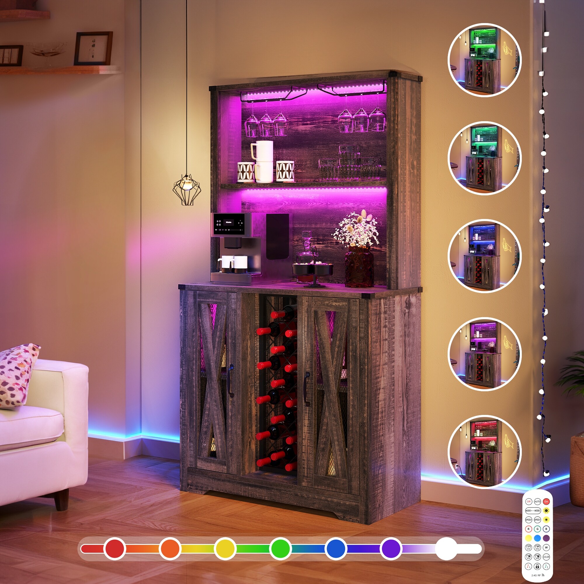 Moasis Farmhouse Bar Cabinet w Wine Rack LED Lights Sideboard Buffet Storage Cabinet for Dinning Room On Sale Bed Bath Beyond 41058096