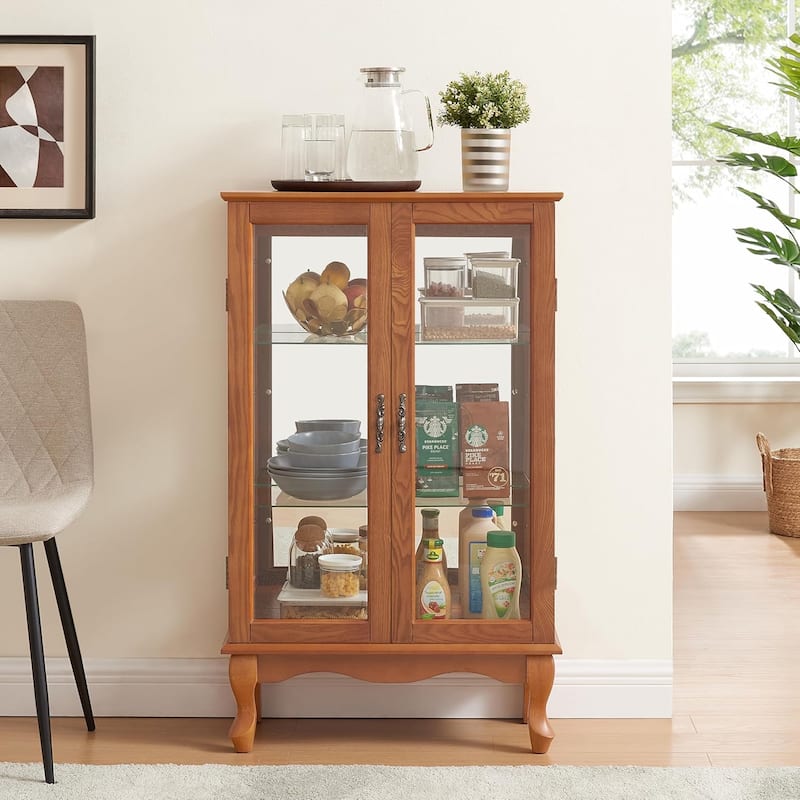 Roomfitters 2 Doors Curio Cabinet with Tempered Glass Doors, Mirrored Back Panel, Adjustable Shelves, Lighted Display Cabinet - Oak