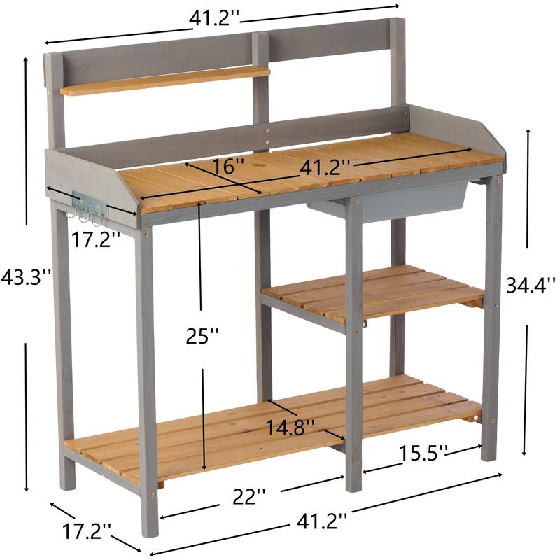 Small Potting Table with Open Storage Shelves Outdoor Potting Bench with Side Hooks Garden Wooden Workbench