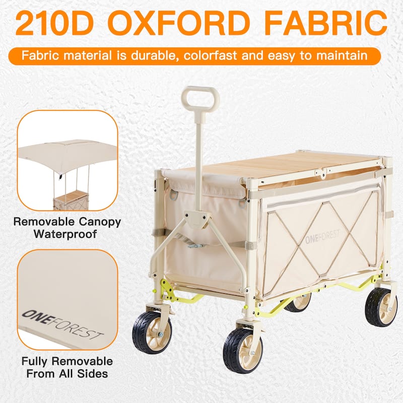 Foldable Camping Cart with Adjustable Handle, Bamboo Tabletop, Foldable storage, and Waterproof Oxford Canopy