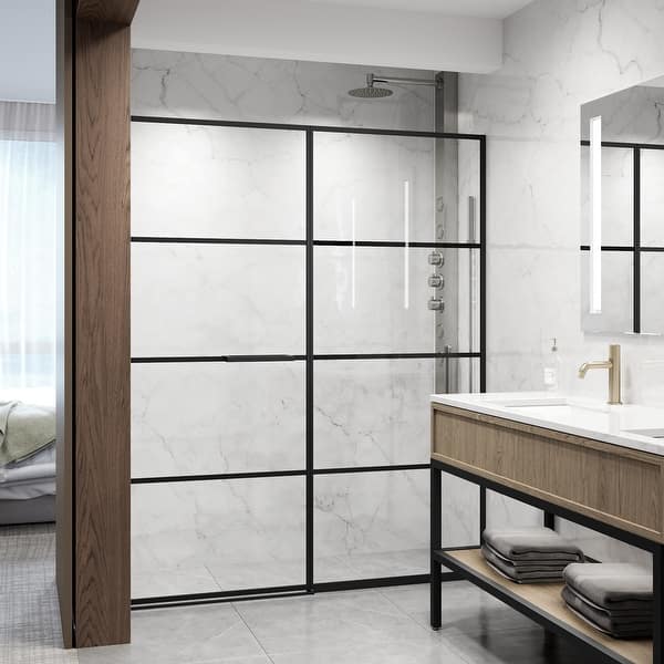 VIGO Meridian 59 1/2 to 60 in. W x 74 in. H Hinged Shower Door in Matte Black and Clear Grid Glass