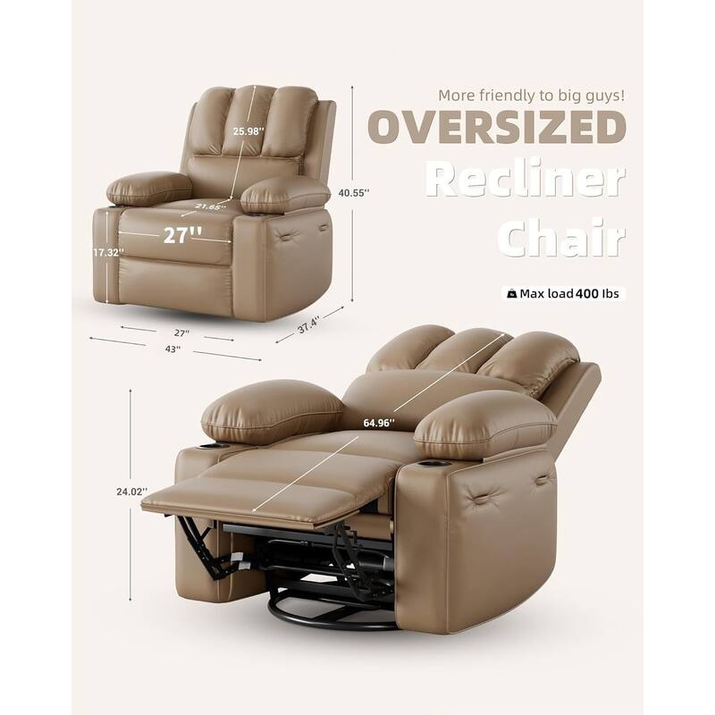 Oversized Manual Recliner Chair, with Cup Holders and Side Pockets