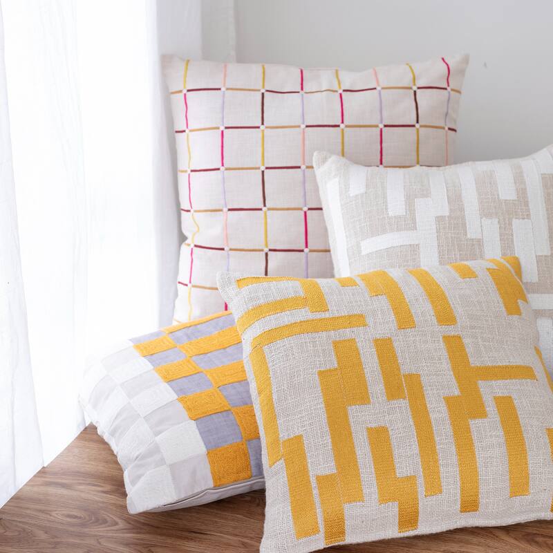 Handwoven Abstract Embroidered Square Throw Pillow - 24" - Yellow and Cream