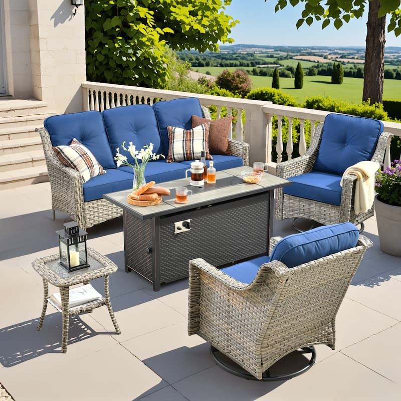 OVIOS 5 Pieces Outdoor Wicker Set with 54" Fire Table - NavyBlue
