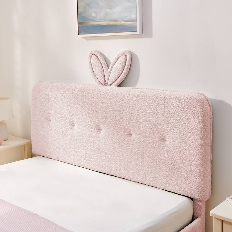 Queen Size Boucle Upholstered Bed with Rabbit Ear Headboard, LED Music Sync & 4 Drawers