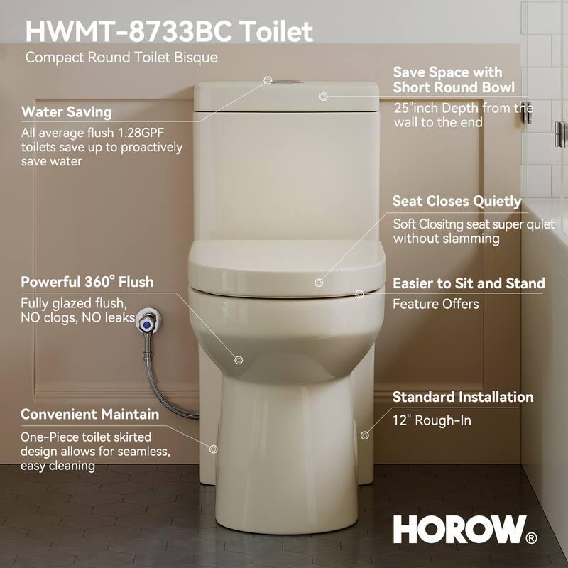 HOROW 1 Piece Powerful Dual Flush Toilet Bisque 1.1 1.6 GPF 12 Inch Rough In - N/A