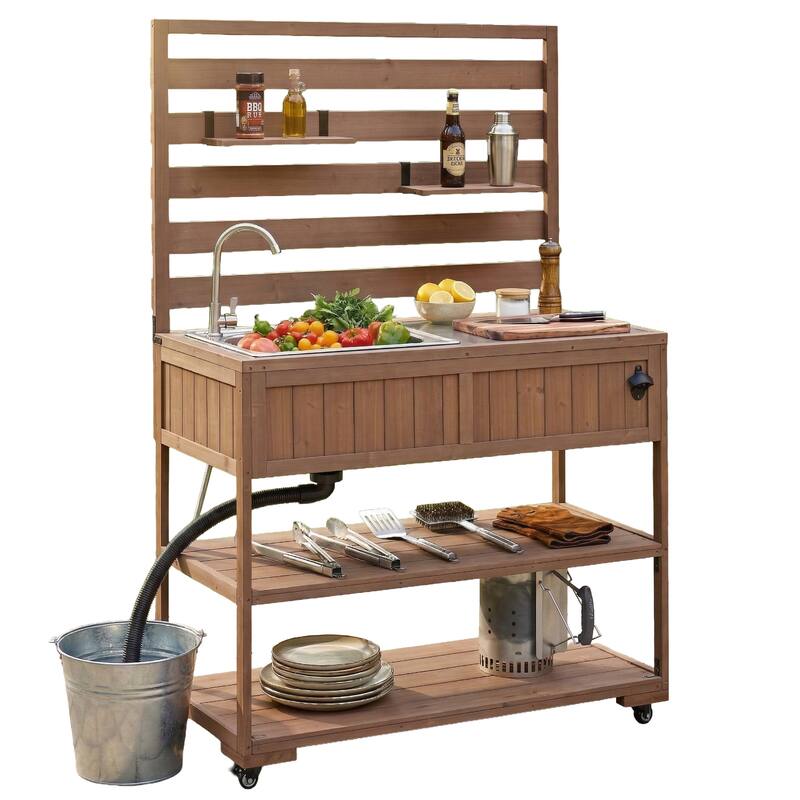 Roomfitters 41.7" Garden Potting Bench with Sink, Rolling Outdoor Potting Table, Bottle Opener, Storage Shelves, Hutch