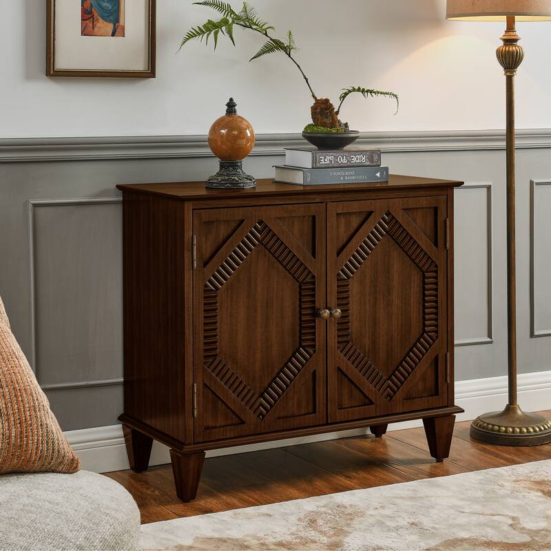 33.6"Wooden Sideboard Buffet Cabinet With Storage, Symmetrical Geometric Accent Display Cabinets, Media Console Credenza