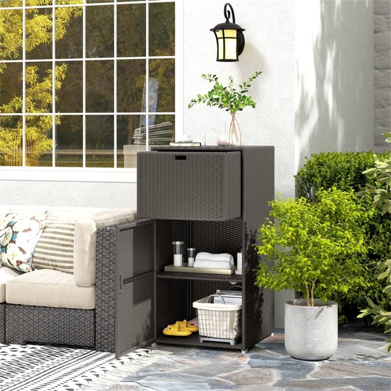 Dark Brown Large Waterproof PE Wicker Outdoor Rattan Storage Cabinet with Drawer and Magnet-Sealed Doors