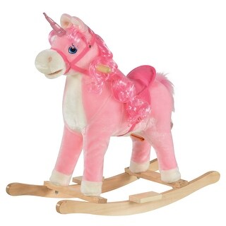 Plush Unicorn Rocking Horse with Sounds, Wagging Tail, and Wooden Base for Kids 3-6 Years