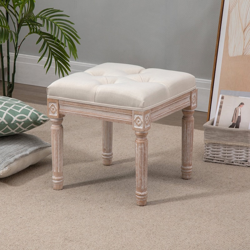 Upholstered Foot Stool with Button-Tufted Linen Cushion and Fluted Wooden Legs for Living Room - Beige