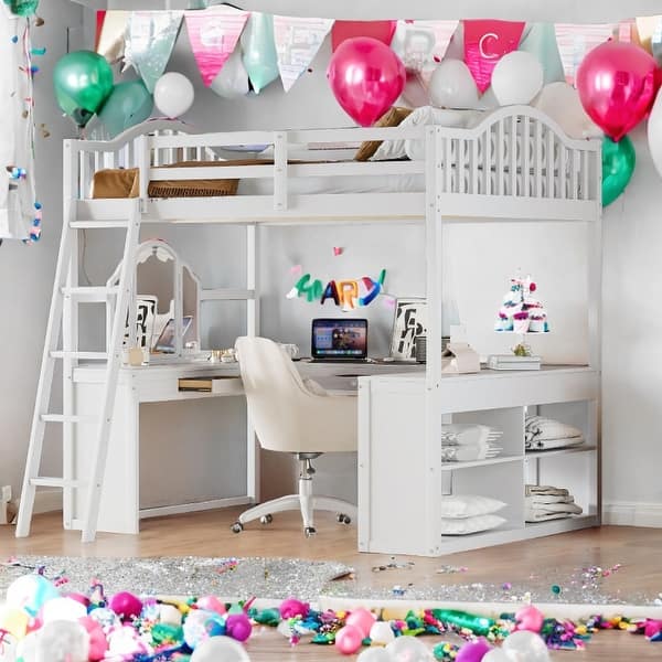slide 2 of 18, Wooden Full Loft Bed with U-shaped Desk,Storage Compartments and Tri-fold Mirror White
