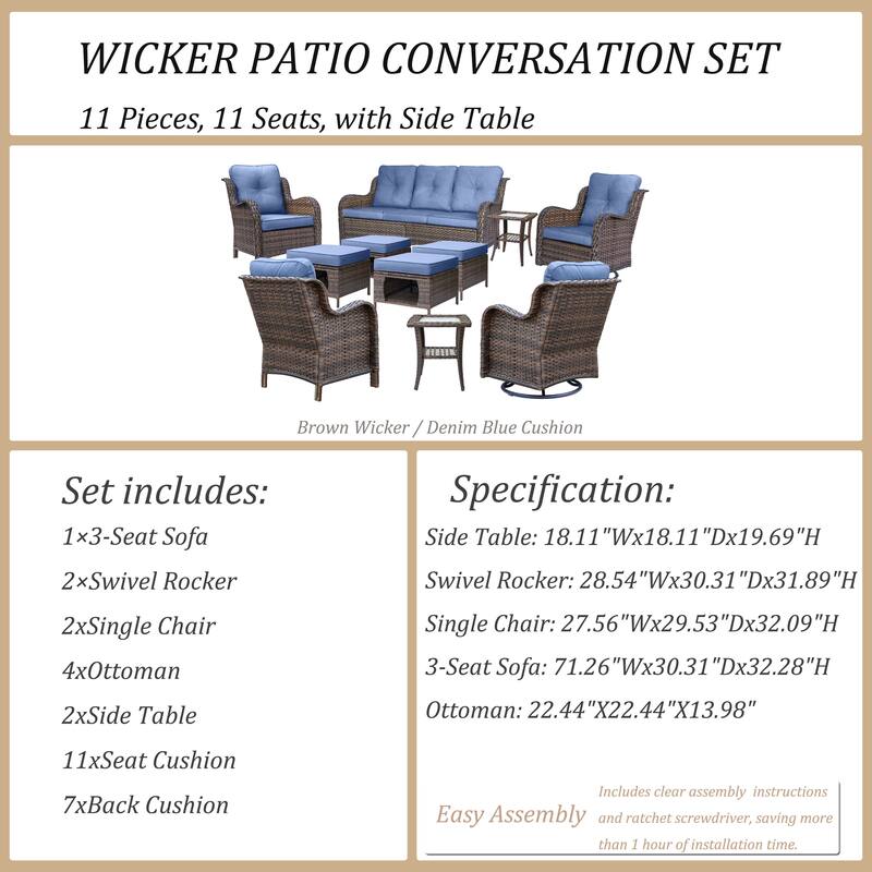 11 Piece Outdoor Wicker Patio Conversation Furniture Swivel Chairs Set