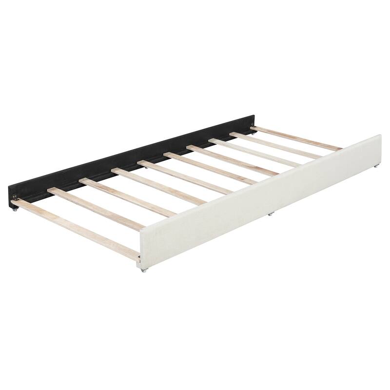 Queen Size Upholstered Platform Bed with Brick Pattern Headboard and Twin XL Size Trundle, Linen Fabric, Beige