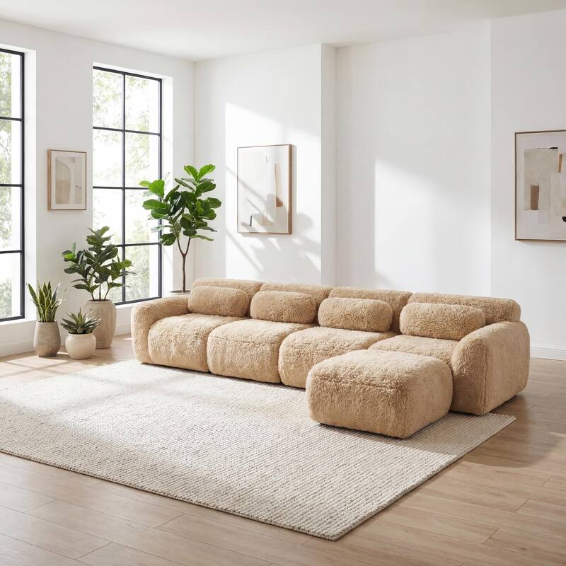 Homy Casa Light Khaki Modular Sectional Sofa, Soft Plush Fabric Cloud Couch with Anti-Slip Base & Decorative Pillows - Khaki9