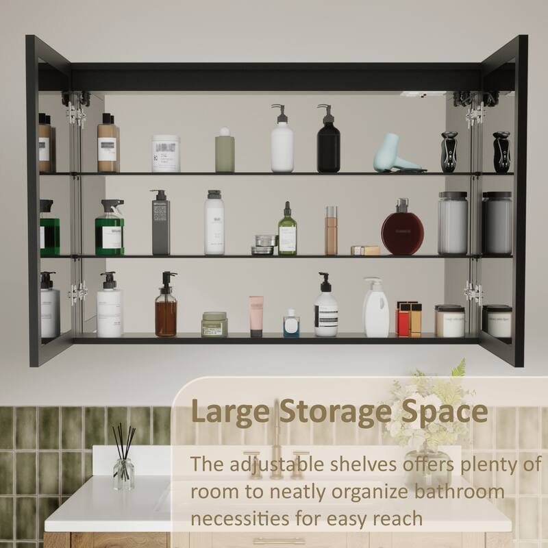 Grand Aluminum Medicine Cabinet with Mirror, Adjustable Shelves, Dimmable Light, Anti-Fog, Recessed or Wall Mount