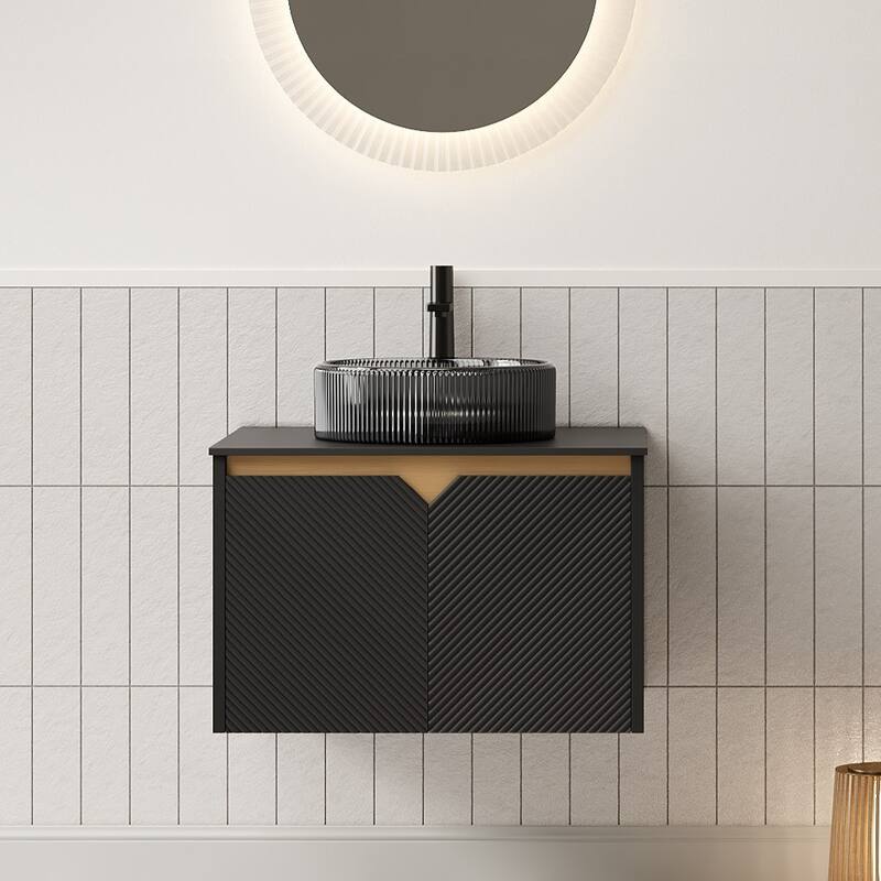 24" Bathroom Vanity & Sink, Wall-Mounted Floating Plywood Storage Cabinet, Twill Double Doors with Metal Trim - Black