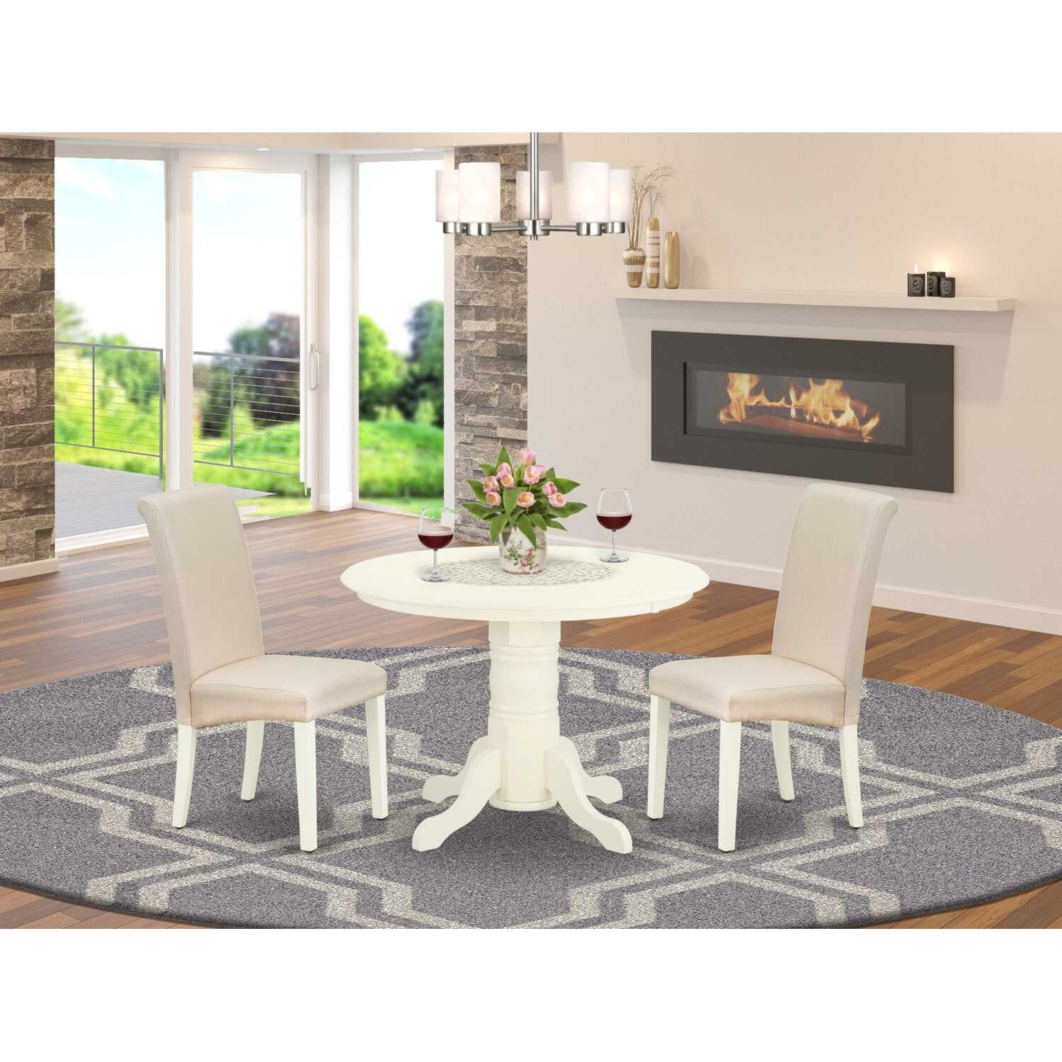HomeStock 3-Pc Linen white Solid Wood Top - Round Dining Room Set - Seats 4