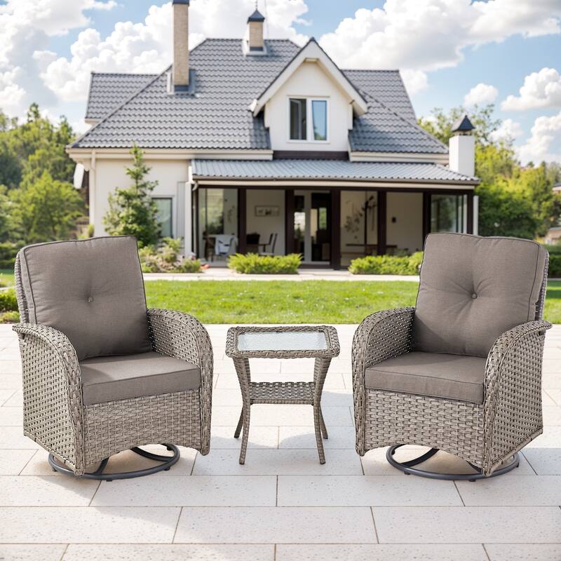 Gymojoy Patio Furniture Set Outdoor Wicker Swivel Glider Chairs Set - 3-Piece - Grey Wicker / Grey Cushion