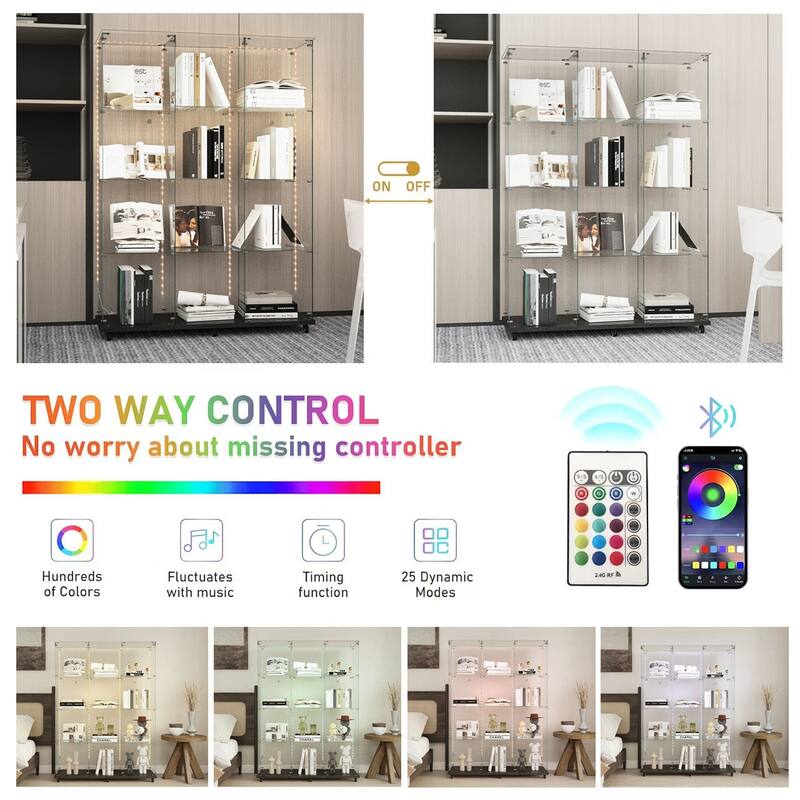 Tempered Glass Display Cabinet, File Cabinet with Bluetooth LED Light Strips,Tempered Glass Top, Lock on Door Wheels